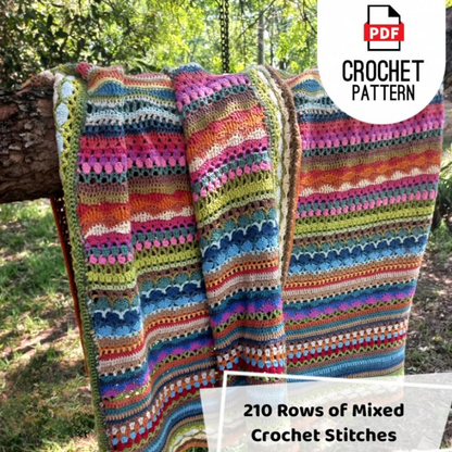 🌈 Mixed Stitch Crochet Blanket Pattern – 210 Rows of Colorful Texture (12 Sizes PDF) 🧶
