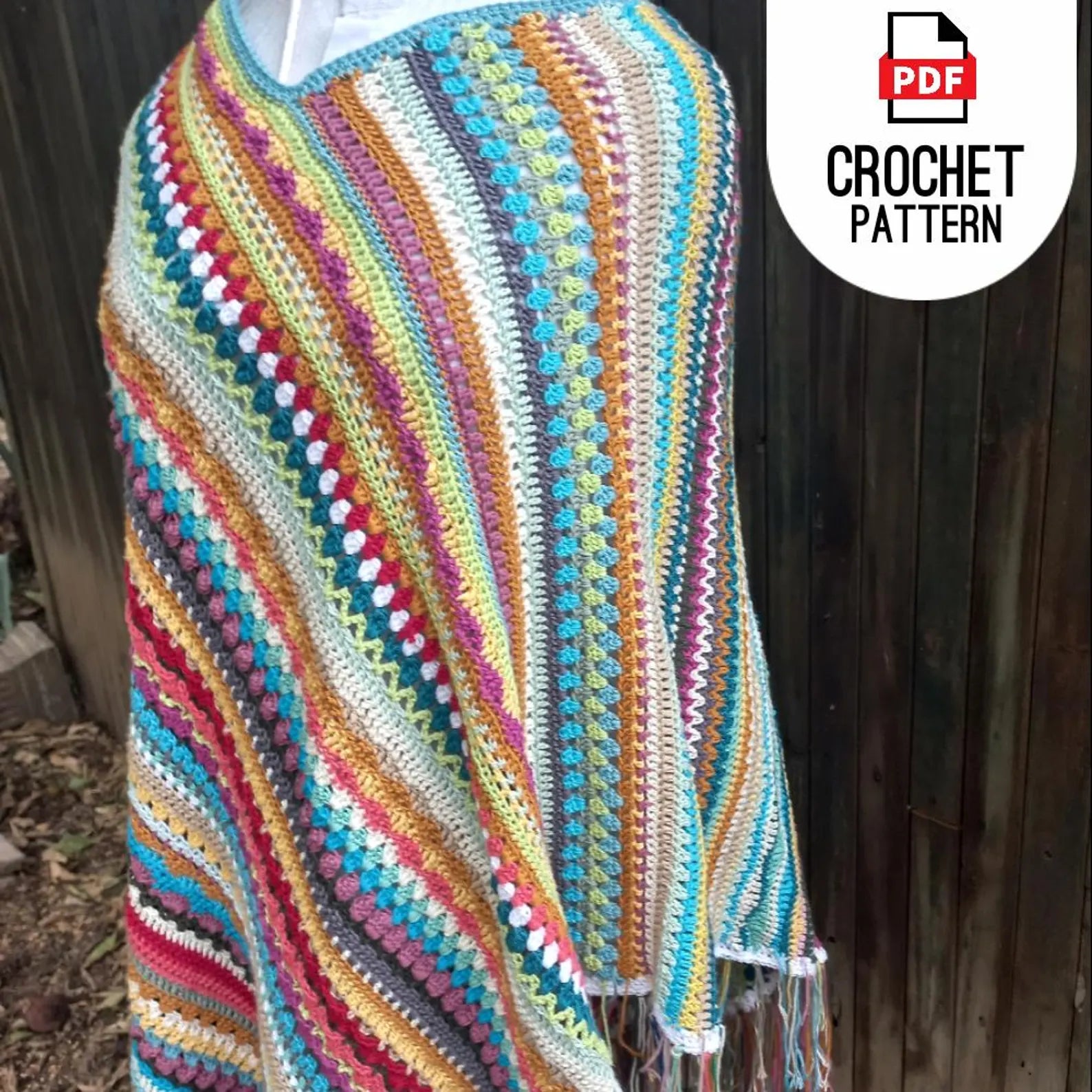 🌈 Shabby Chic Crochet Poncho Pattern – Boho Striped Style (PDF) - Cielcraft