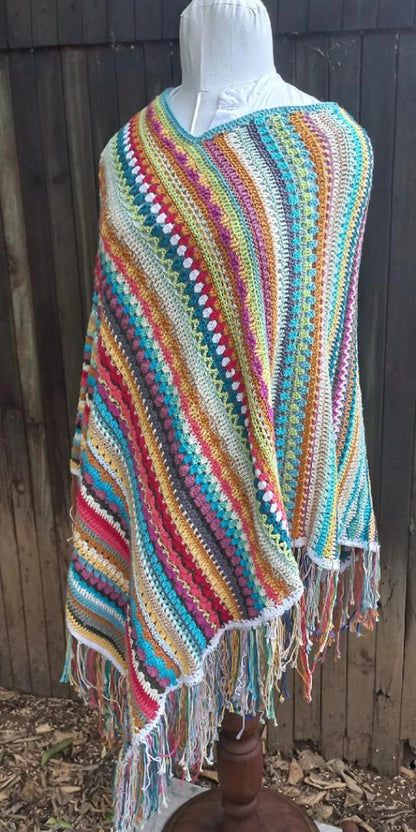 🌈 Shabby Chic Crochet Poncho Pattern – Boho Striped Style (PDF) - Cielcraft