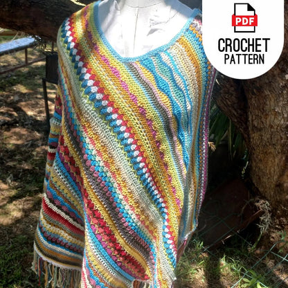 🌈 Shabby Chic Crochet Poncho Pattern – Boho Striped Style (PDF) - Cielcraft
