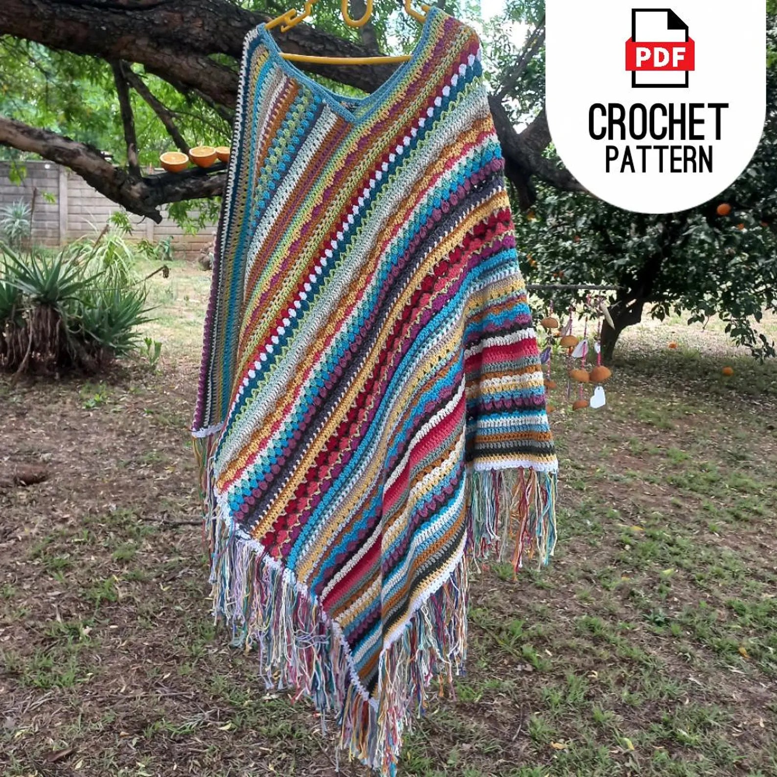 🌈 Shabby Chic Crochet Poncho Pattern – Boho Striped Style (PDF) - Cielcraft
