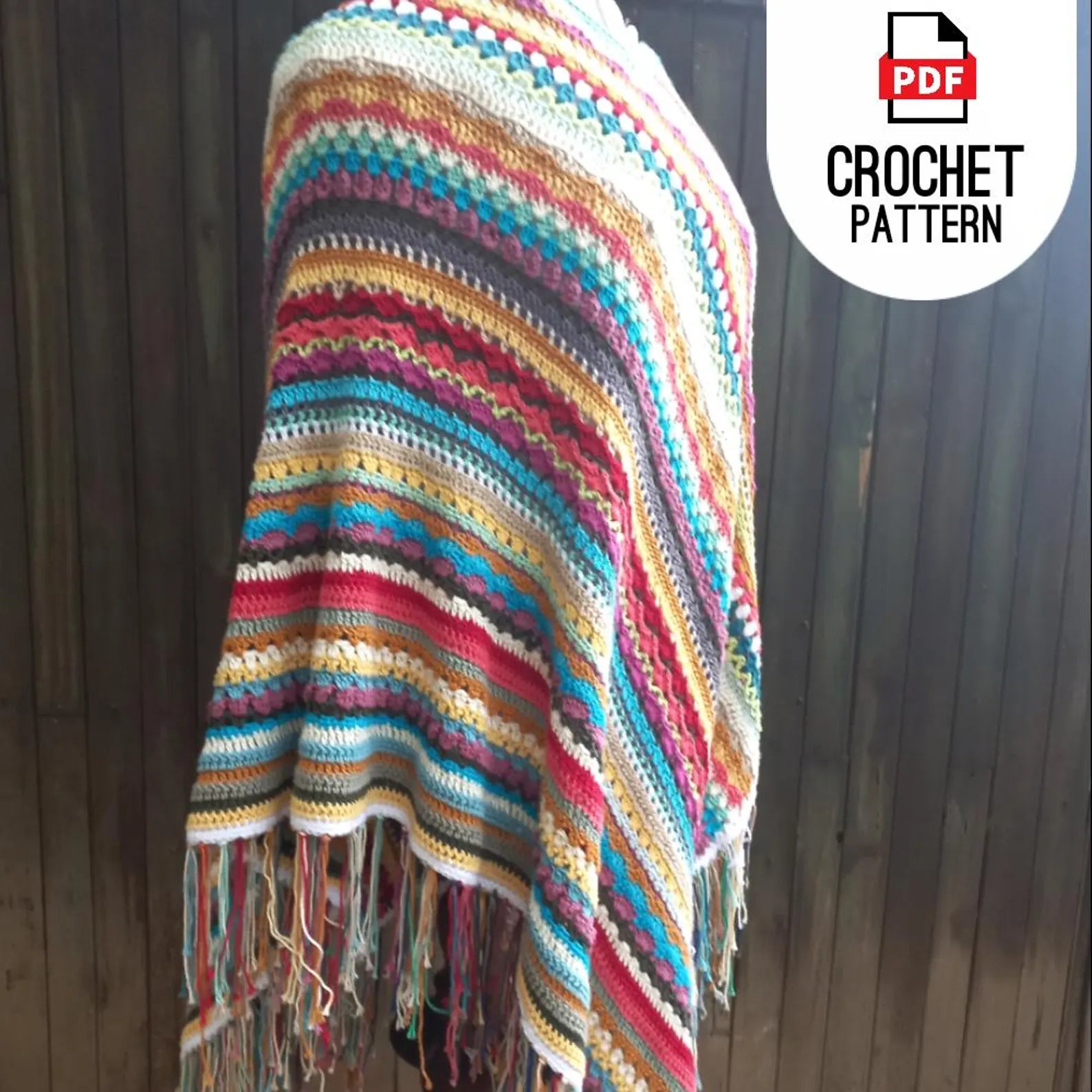🌈 Shabby Chic Crochet Poncho Pattern – Boho Striped Style (PDF) - Cielcraft