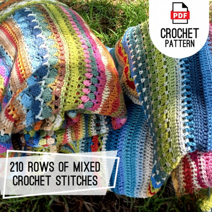 🌈 Mixed Stitch Crochet Blanket Pattern – 210 Rows of Colorful Texture (12 Sizes PDF) 🧶